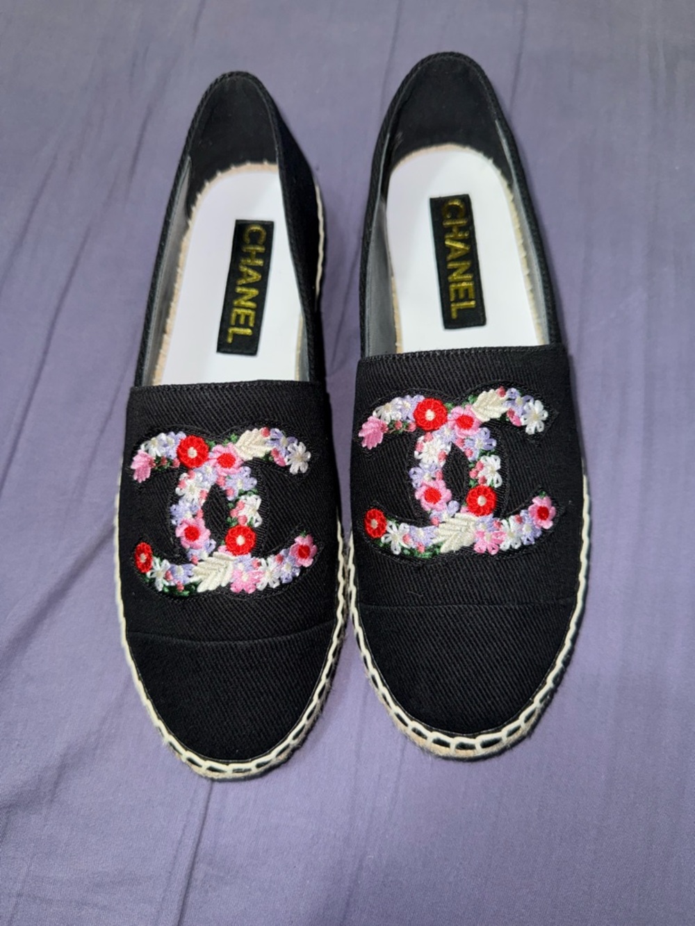 CHANEL Black Canvas Espadrilles with Floral Embroidered CC
